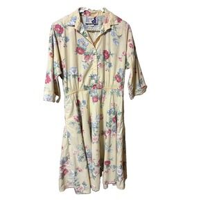 VTG The American Shirt Dress Button Up Yellow Floral Elastic Waist Sz 8 Midi B46
